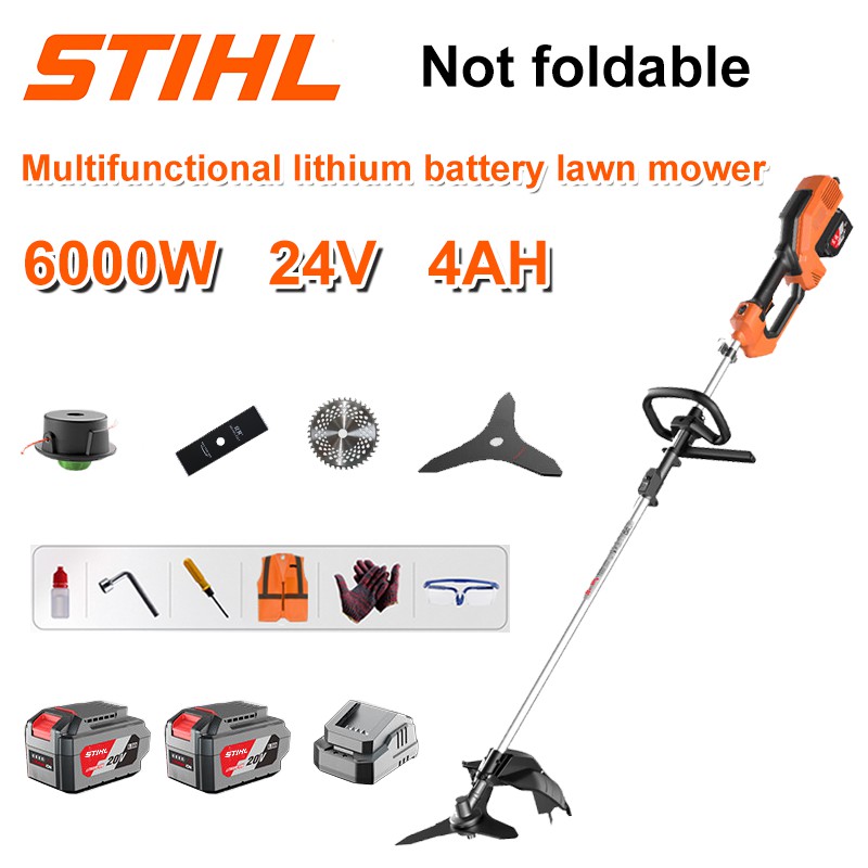 Corta-relva sem escovas de 6000 W + bateria de lítio de 48 V/4 AH * 2 + lâmina de serra circular + lâmina de serra reta + disco de sacha + corda de sacha * 20 + carregador original + outros acessórios + garantia de dez anos