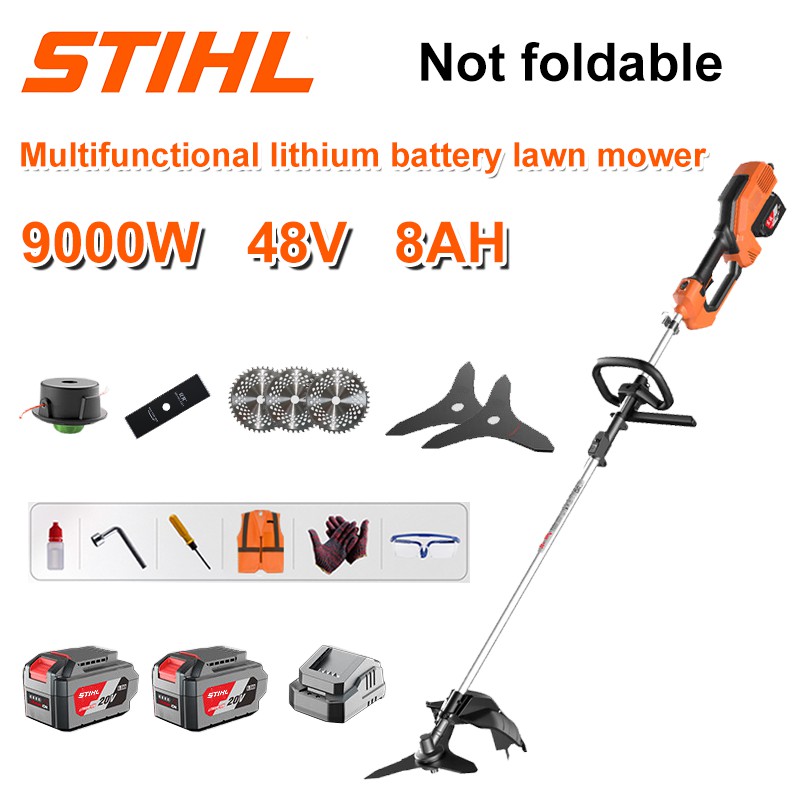 Corta-relva sem escovas de 9000 W + bateria de lítio de 48 V/8 AH * 2 + lâmina de serra circular * 3 + lâmina de serra reta + disco de sacha + corda de sacha * 20 + aparador de relva de três lâminas * 2 + carregador original + outros acessórios + garantia de dez anos