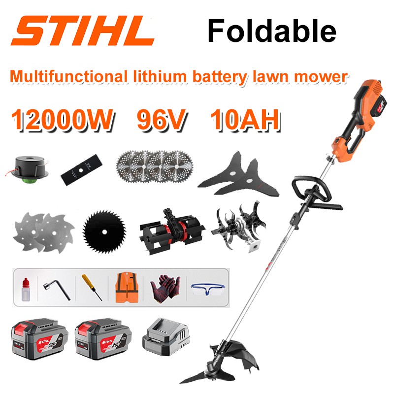 Corta-relva sem escovas de 12000 W + bateria de lítio de 96 V/10 AH * 3 + lâmina de serra circular * 4 + lâmina de serra reta + disco de sacha + corda de sacha * 20 + lâmina de três folhas * 2 + lâmina de serra de aço + lâmina de serra de liga * 2 + cabeça de sacha + cabeça de lavoura + carregador rápido duplo original + outros acessórios + garantia de dez anos