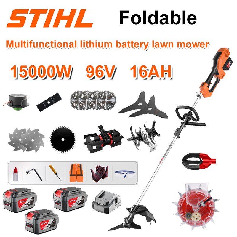 Corta-relva sem escovas de 15000 W + bateria de lítio de 96 V/16 AH * 4 + lâmina de serra circular * 4 + lâmina de serra reta + disco de sacha + corda de sacha * 20 + lâmina de três folhas * 2 + lâmina de serra de aço + lâmina de liga * 2 + cabeça de sacha + cabeça de lavoura + carregador rápido duplo original + cabeça de colheita de fruta + cabeça de sementeira + outros acessórios + garantia de dez anos