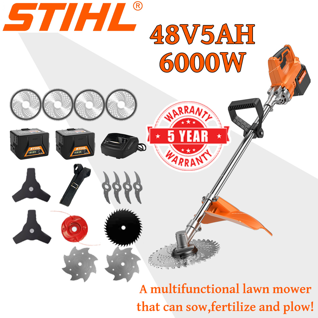 [Modelo atualizado] Cortador de grama (6000w48V5AH) + cultivador *1 + lâmina de liga *2 + lâmina de serra de liga *2 + cabeça de corte de liga *1 + faca tripla *1 + faca antibloqueio *1 + carregador + bateria *1 + cinto *1 + Outros acessórios + 5 anos de garantia