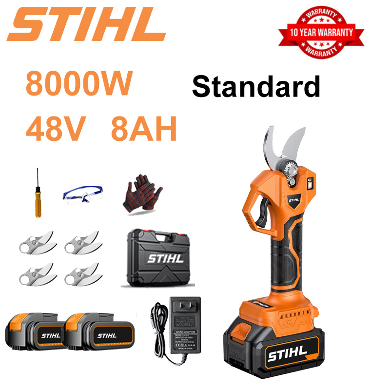 Tesoura de poda com bateria de lítio sem escova de 8000 W + bateria de 48 V 8 Ah * 2 + lâmina de liga sk9 * 4 + carregador + display de energia LED + caixa de ferramentas + óleo lubrificante + óculos de proteção + garantia de 10 anos