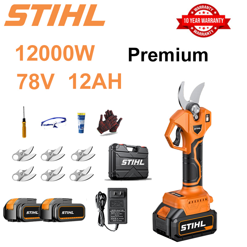 Tesoura de poda com bateria de lítio sem escova de 10000 W + bateria de 78 V e 12 Ah * 2 + lâmina de liga sk9 * 6 + carregador + display de energia LED + caixa de ferramentas + óleo lubrificante + óculos de proteção + garantia de 10 anos