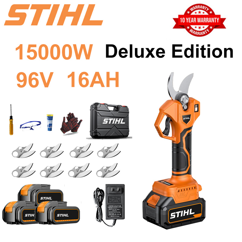 Tesoura de poda com bateria de lítio sem escova de 15000 W + bateria de 96 V e 16 Ah * 3 + lâmina de liga sk9 * 8 + carregador + display de energia LED + caixa de ferramentas + óleo lubrificante + óculos de proteção + garantia de 10 anos