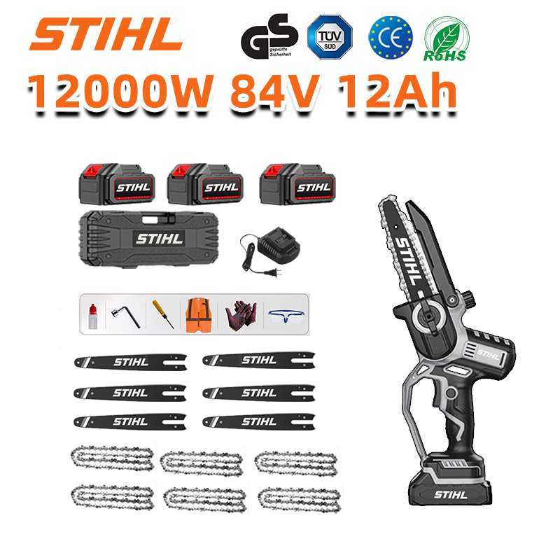 Visor LED (duração da bateria: 36 horas). Serra elétrica de iões de lítio de 8 polegadas e 12.000 W + baterias de 84 V e 12,0 Ah (3) + carregador (1) + correntes (6) + carris-guia (6)